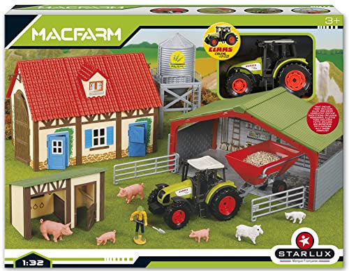 STARLUX Großer Bauernhofkasten mit 3 Gebäuden, Claas-Traktor, Tieren und vielen Zubehörteilen im Maßstab 1:32 – Spielzeug für Kinder ab 3 Jahren – 802244