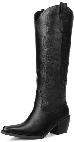 Pasuot Western Cowboy Boots for Women - Knee High Wide Calf Cowgirl Boots, Slip On Pointed Toe Chunky Heel Fashion Retro Classic Pull On Tall Boot for ladies Party concert Black US 7.5