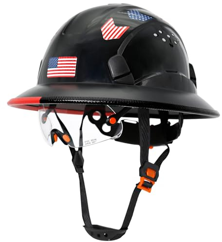 Aolamegs Safe Full Brim Hard Hats Construction OSHA Approved With Clear Visor - ANSI Z89.1 Vented Black Hard Hat With Chin Strap Reflective Cascos De Construccion Safety Helmet for Men 6-Pt Suspension