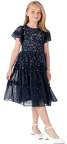 Maya Deluxe flicka flicka paljett ruffles gnistrande party kortärmad midi bröllop gäst tutu frilly barn bal klänning, marinblå, 3-4 år