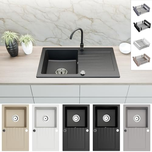 Faizee Home | Granitspüle 75x44 cm Schwarz – Beidseitig montierbare Einbauspüle aus Granit für moderne Küchen | Inkl. farblich passender Armatur, Spülkorb & Siphon-Set