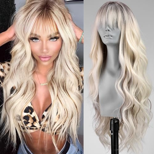 WOKESTAR Long Wavy Platinum Blonde with Dark Roots Wigs for Women, Heat Resistant Natural Hair with Fringe