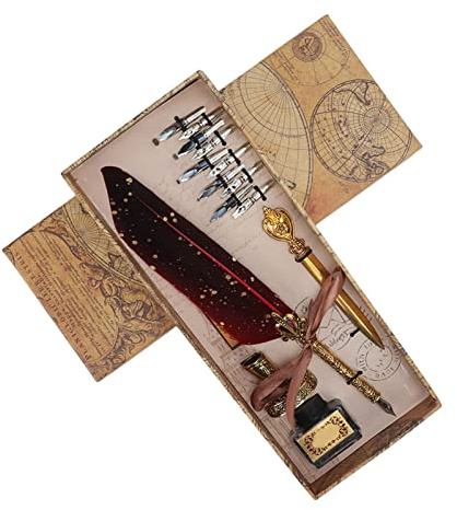 Kuuleyn Federkiel-Set, Vintage-Tintenstift, Brieföffner Mit Ersatzfedern, Stiftständer, Basis, Federkiel Und Tintenset Für Freunde, Familie Und Lehrer(Rot)