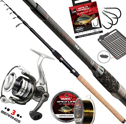Fischzeux Karpfen Set Shadow-Light Profi - Tele Karpfenrute mit Rolle und Schnur Angelset