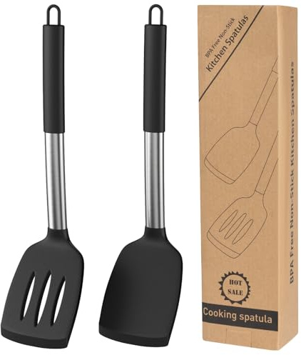 Pack of 2 Large Silicone Turner Spatula, Heat Resistant Silicone Solid Spatulas, BPA Free Cooking Spatula Turner, Non Stick Slotted Kitchen Spatulas for Eggs Pancakes Baking Frying (Stainless Steels)