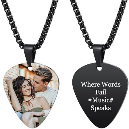 INBLUE Personalisierte Gitarren Plektrum Halskette für Männer Graviert mit Text/Foto Anpassen Edelstahl Gitarre Anhänger Felsen Punk Cooles Schmuck Geschenk für Musik-Liebhaber (A2 - Text & Foto)