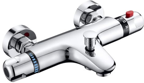 ROWINNAO Badewannenarmatur mit Thermostat Aufputz Wannenarmatur mit Thermostat, Chrom Mischbatterie Dusche Thermostat, 2 Funktionen Messing Duscharmatur für Badewanne mit 38 °C Sicherheitstaste