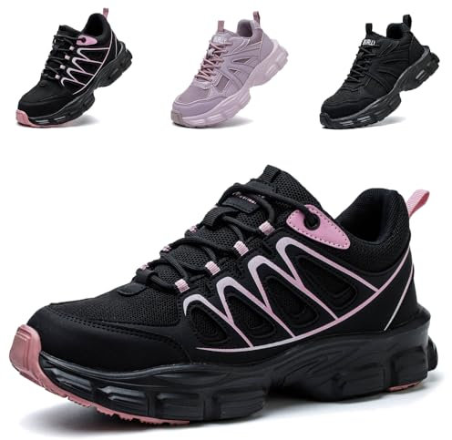 Safety Trainers Womens Steel Toe Cap Trainers Work Safety Shoes Women Lightweight Breathable Industrial Sneakers Non-Slip Puncture Proof Black Pink UK 5.5