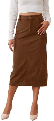 HERBATOMIA Women’s Long Pencil Skirt Corduroy Brown Vintage Back Slit Winter High Elastic Waisted Midi Skirts for Women with Pocket