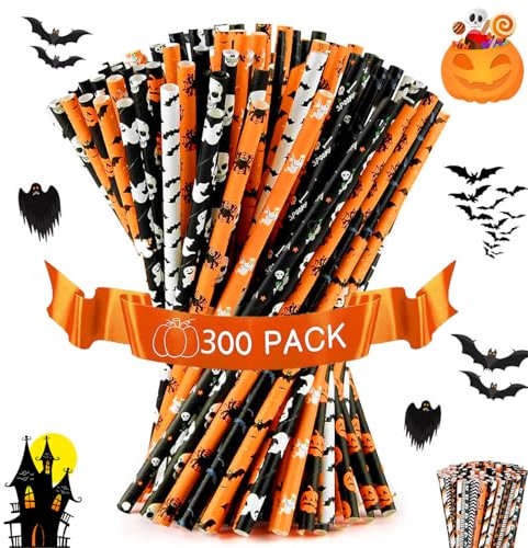 300 Piezas Halloween Pajitas de Papel, Pajitas Grado Alimenticio Celebraciones Fiestas, Pajitas de Papel con Diseño de Calavera, Fantasma, Calabaza, Murciélagos y Araña para Fiesta de Halloween