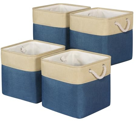 Univivi Cube Storage Boxes 12in Fabric Storage Baskets Navy, Set of 4 | Foldable Canvas Storage Box with Cotton Rope Handles, Storage Basket for Kallax Unit for Organizing Clothes Nursery Home