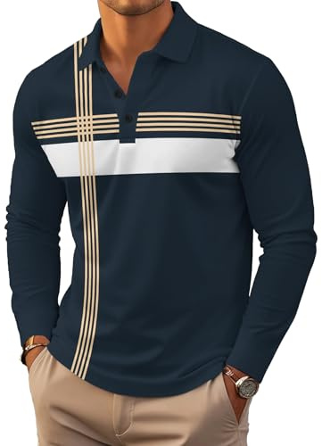 Polo Shirts for Men Long Sleeve Slim Fit Striped Golf Shirts with Collar Plus Size Pullover Casual Fall Tops (UK, Alpha, S, Regular, Regular, #25)