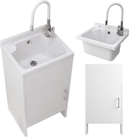 Granitan Bassin d'évier avec meuble bas + mitigeur de cuisine, en plastique, pour garage, cave et atelier, meuble bas avec portes des deux côtés, 42 x 34 x 24 cm, blanc