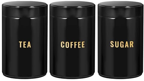 Bayseun Tea Coffee Sugar Canisters, Set of 3 Tea Coffee and Sugar Canisters Set, Easy to Open & Airtight Lids, Kitchen Storage Jars, Decorative Tins Caddy, Black