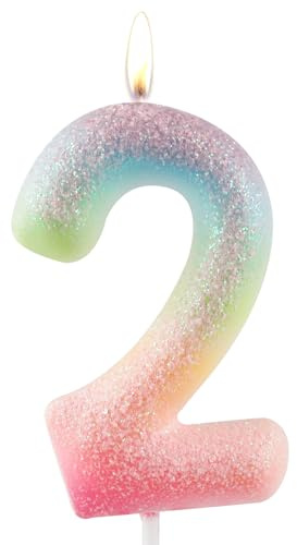 Zolunu Glitter bunte 2 Geburtstag Kerze, Geburtstag Nummer 2 Kerze Cake Toppers für Mädchen Frauen, Glitter bunte thematische Party Dekorationen liefert Geburtstagsgeschenke