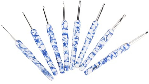 Blå Vit Porslin Virkad Nål, Handtag Stickning Set 8 Stycken Aluminiumkrokar Nybörjare, Handgjorda Blommor, Hattar, Dockskor