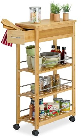 Relaxdays Carrello da Cucina con Ruote, 3 Ripiani e Cassetto, Carrellino Portaoggetti, HLP: 86,5 x 25 x 50,5 cm, bambù