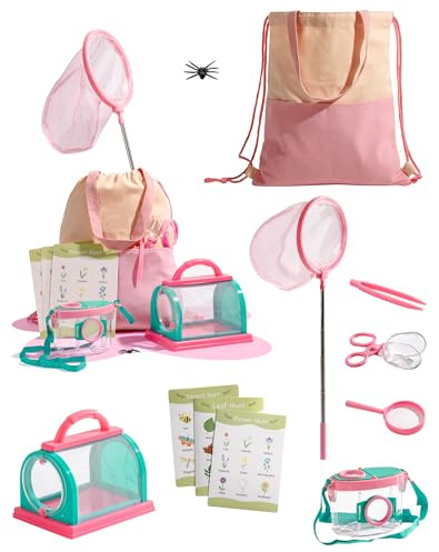 ROBOTIME 8-Piece Bug Catcher & Outdoor Explorer Kit for Kids 3+, Pink | Butterfly Net, Magnifying Glass, Ventilated Insect Box, Tweezers, Identification Cards and Carry Bag
