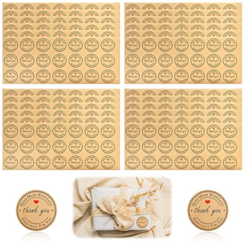 500 Pezzi Adesivi Rotondi Handmade with Love, Ø 4 cm, Carta Kraft Autoadesiva, per Bomboniere, Regali, Confetti, Sacchetti, Matrimonio, Compleanno, Natale - Decorazione Fai da Te