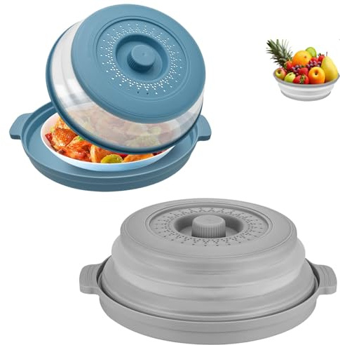 FEADBYT 2 Stück Faltbare Mikrowellen Abdeckung, Mikrowellendeckel Spritzschutz, Filterkorb mit Dampflöchern, Mikrowellenhaube mit Dampflöchern, Wiederverwendbar, für Obst und Gemüse, Grau, Blau