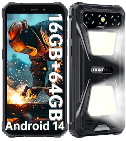 OUKITEL G5 Rugged Smartphone con 900LM Luce Campeggio - 16(4+12) GB+64GB /TF 1TB, Android 14 Telefono Indistruttibile, 6300mAh 13MP+5MP 6 HD Cellulari e Smartphone IP68/BT5.0/OTG/GPS Nero