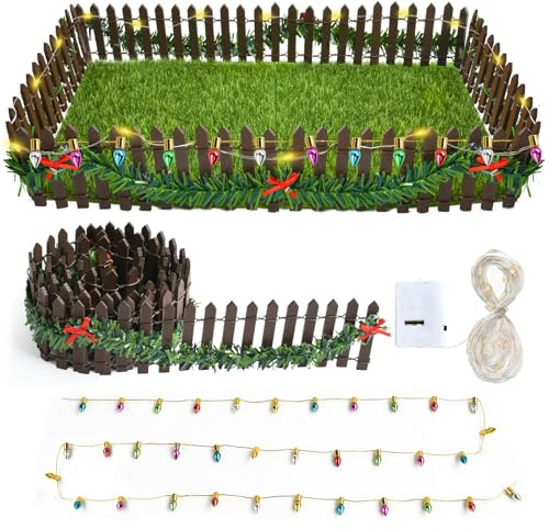 Miniatur Zaun, Gartenzaun Holzzaun, Miniatur Wichtel Zubehör, Feengarten Zaun, mit Lichterketten, Geeignet für Weihnachtsbasteleien, Garten-Miniaturdekorationen, Puppenhaus-DIY-Dekorationen(C)