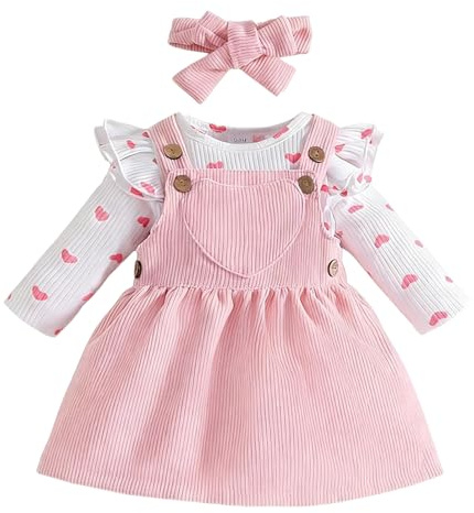 Yoolhamy Baby flicka kläder nyfödd småbarn flicka klänning outfit långärmad volang sparkdräkt topp med rosett pannband set för 0-18 M spädbarn, Rosa, 6-9 Months