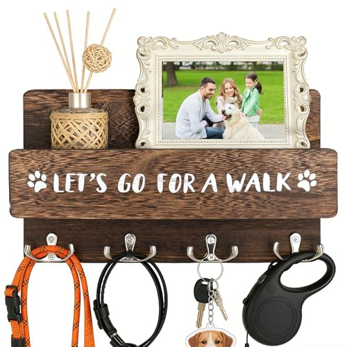 YYTECH Hundegarderobe mit Ablage, Hundegarderobe, Hundeleinen Halterung Wand Mit 8 Haken, HöLzerne Hunde Garderobe für Ordnen von Leinen und Zubehör für Flur, Eingangsbereich, Braun