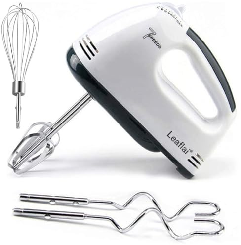 Leaflai Elektrischer Handmixer 7 Stufiger 300W, Weiß | 5 Edelstahl-Aufsätze Turbo-Boost/Selbststeuerung der Geschwindigkeit+Auswurftaste Lebensmittelmixer für Kuchen Eier