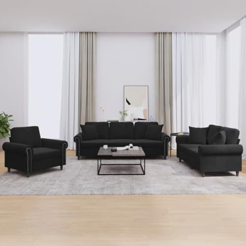 WDGJJFECNMUEHI 3-TLG. Sofagarnitur Samt Schwarz, Wohnzimmer Couchgarnitur mit Kissen, modernes Sofa Set für Wohnzimmer und Büro, bequem und robust