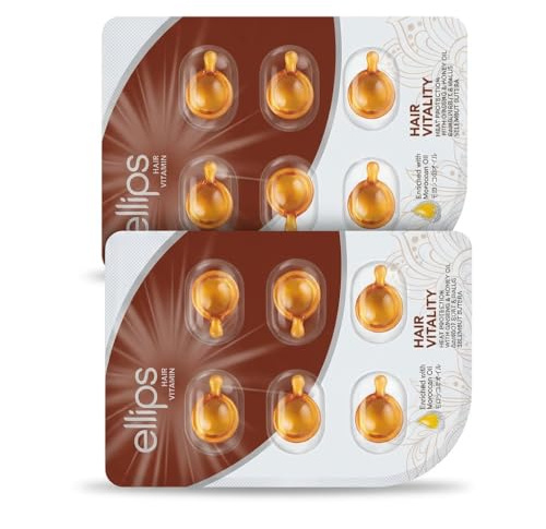 Ellips Vitamines Cheveux Vitalité | Sérum Capillaire Protection Chaleur | Huile de Ginseng, Miel et Marocaine | Capsules Liquides – Lot de 2 Blisters (12x1ml)