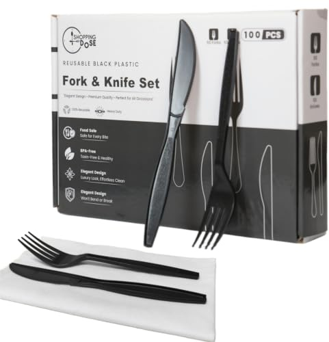 Heavy Duty Reusable Black Plastic Cutlery Set (50 Forks & 50 Knives) | Durable & Sturdy Party Cutlery Set Perfect for Parties, Camping, BBQs & All Occasions (50 Fork+50 Knife)