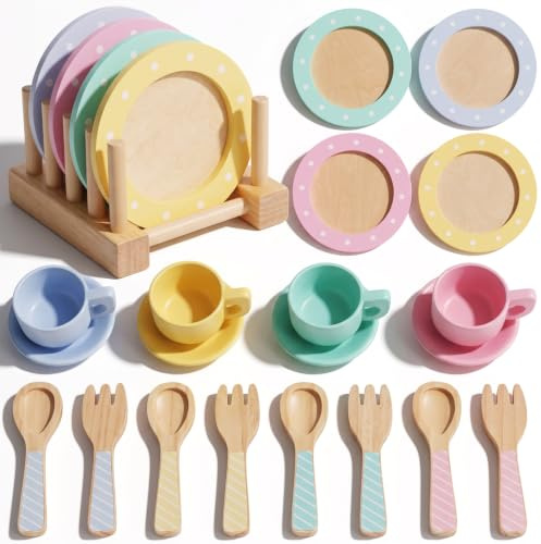 WoodenFun Holz-Geschirrset Teeservice Kinder Kinderküche Zubehör Spielküche ab3