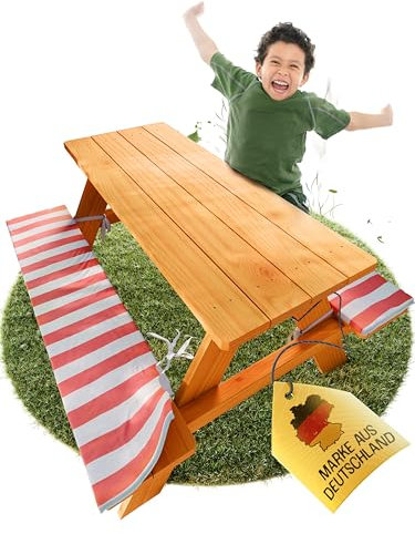FRIEDO - Kindersitzgruppe inkl. Polsterauflage - Gepürfte Kinder Gartenmöbel - Sitzgruppe Kinder Outdoor perfekt für den Garten oder als Picknicktisch - Kindersitzgarnitur aus Holz