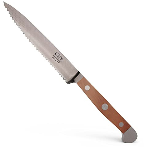 Güde Solingen - Coltello per pomodori seghettato forgiato, 13 cm, Legno di Pero, Alpha-BIRNE - Doppio Collarino, Fatto a Mano in Germania