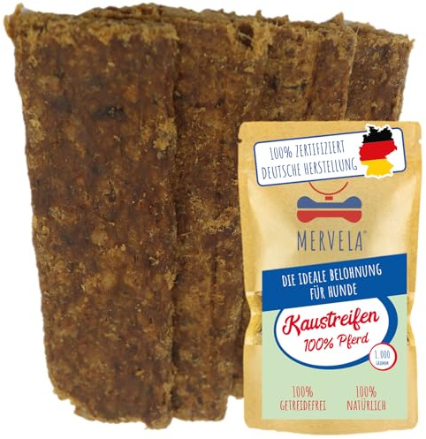 MERVELA® Pferd Fleischstreifen | 1.000 Gramm [Qualität aus Deutschland ] für Allergiker Sensitive Hunde | Belohnung | Trainingssnack | getreidefrei | Hundesnack