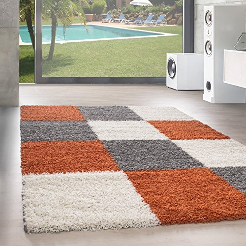 SIMPEX Teppich Wohnzimmer Shaggy Moderne Kariert Design Terrakotta 200 x 290 cm - Hochflor Teppich Schlafzimmer Extra Weich und Pflegeleicht - Flauschiger Teppich Langflor für Küche Carpet Living Room