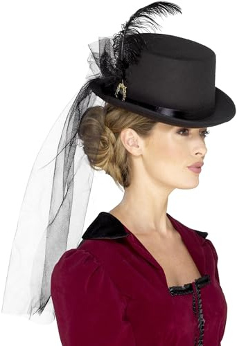 Smiffys Chapeau victorien de dames de luxe, Noir, Avec un bord intérieur élastique, plum
