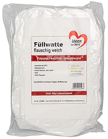 Ideen mit Herz Flauschige Füllwatte für Kuscheltiere, Kissen, UVM. | weiß, waschbar, Öko-Tex-Zertifiziert, 0,5 kg