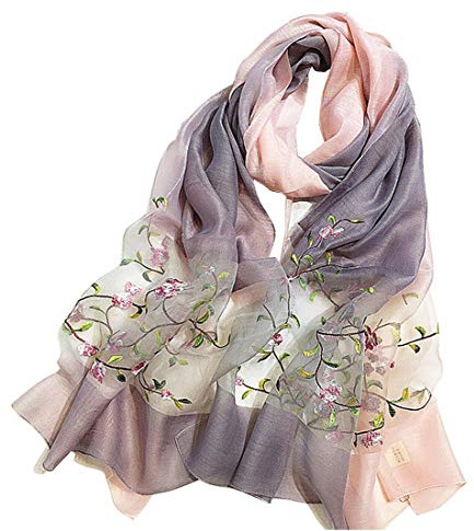 GOFINEE Women Silk&Wool Gradient Embroidered Scarf Headwrap Shawl Pink
