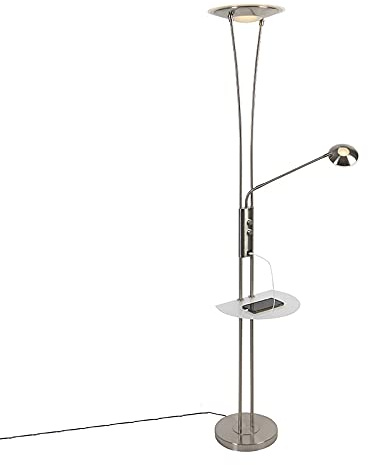 Qazqa - Modern stahl I nickel matt Stehlampe mit Lesearm inkl. LED und USB-Anschluss - Sevilla Dimmer I Dimmbar I Wohnzimmer I Schlafzimmer I Deckenfluter - Stahl Länglich - I LE