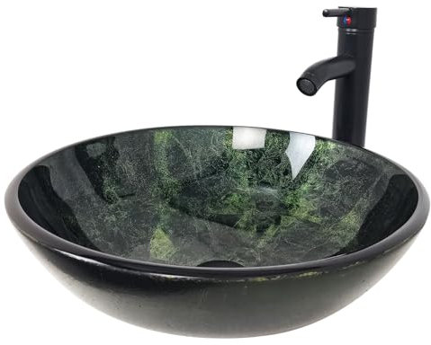 YIMAI Ingenuity Fregadero de baño de vidrio templado de 16.5 pulgadas, cuenco redondo con grifo verde (20204)