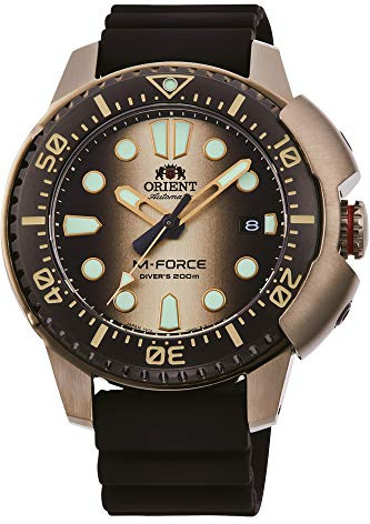 Orient M-Force Automatik Herren Armbanduhr aus Edelstahl und Silikon in der Farbe Schwarz-Bronze 45mm, Wasserdichtigkeit: 20Bar, RA-AC0L05G00B