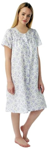 F & S Ladies Womens Cotton Floral Print Short Sleeve Button Through Nightwear Nightdress Nighty Pink Blue Lilac MN12