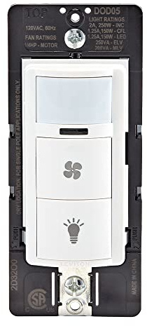 Leviton Decora in-Wall Combination Occupancy Sensor with Fan Switch, Auto-On or Manual-On, 1/4 HP, Residential Grade, Single Pole, White, DOD05-1LW