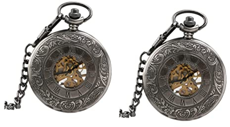 Mikikit 2Pcs Geburtstagsgeschenke Graduierung Stil Fob Retro Uhr Taschenzifferblatt Klassische Halskette Steampunk Uhren Mechanisch Automatisch Vintage Skelett Abnehmbar