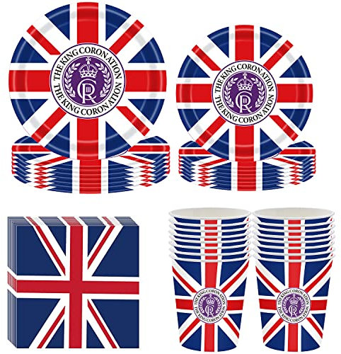 King Charles Krönungs-Party-Dekoration, Zubehör, Union Jack, Teller, Servietten und Becher, Königs-Krönung, Partyzubehör, Geschirr-Set für King Charles III Krönung, Party-Dekoration, 68 Stück