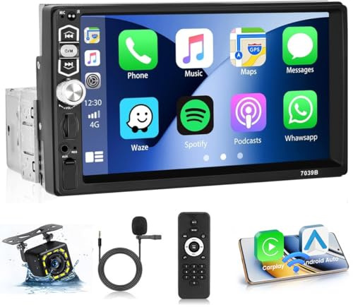 Hikity Autoradio Wireless CarPlay Android Auto 1 Din Radio mit Bildschirm 7 Zoll Touch Display Auto Radio mit Bluetooth Freisprecheinrichtung FM USB AUX TF Rückfahrkamera
