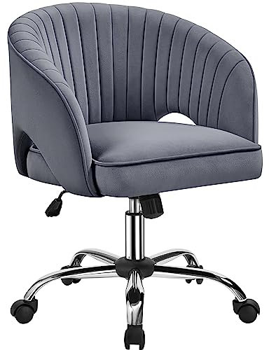 Yaheetech Schminkstuhl mit Samtbezug, Schreibtischstuhl mit Armlehnen, Drehstuhl mit Rollen, Höhenverstellbar Homeoffice Stuhl, Bürosessel mit Schaukelfunktion, drehbar Polsterstuhl Dunkelgrau