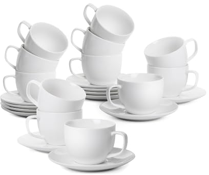 BTaT- Cappuccino Cups with Saucers 8 oz, Set of 12, White Porcelain Coffee Cup and Saucer Set for Latte, Mocha, Tea, Au Lait, Flat White, Dishwasher, Microwave Safe, Mothers Day Gift